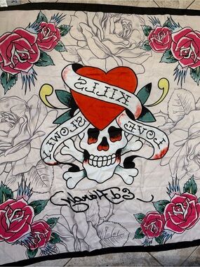 Ed Hardy Red Heart & Skull Bandana with Pink Roses